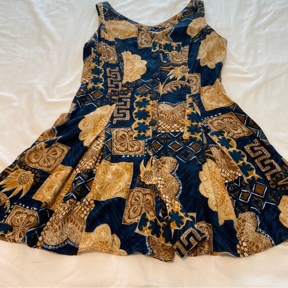 Joni Blair Romper Blue Tan Floral Abstract V Neck Button Front Tie Back Size 7 - Picture 2 of 9